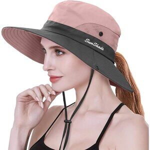 Women's Pink Polyester Wide Brim Mesh Boonie Uv Protection Chin Strap Cowboy Hat